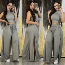 Bonita Lightweight Comfortable Top Open Pant Set - 灰色 - 查看 2