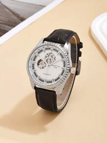 1pc Automatic Mechanical Hollow Dial Leather Strap Watch, Fashion Business Men's Gift