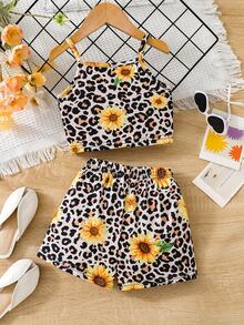 Conjunto de dos piezas para niñas con estampado de flores de leopardo y girasol, parte superior tipo camiseta y shorts, conjunto de moda para ropa de verano y vacaciones - Multicolor - Ver 2