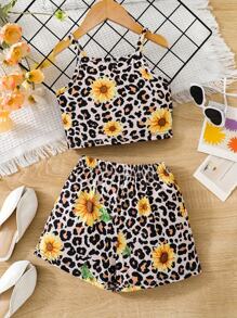 Conjunto de dos piezas para niñas con estampado de flores de leopardo y girasol, parte superior tipo camiseta y shorts, conjunto de moda para ropa de verano y vacaciones - Multicolor - Ver 1