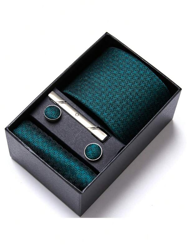 AlanKing 1 set Cravate, Mouchoir, Boutons de Manchette Boîte Cadeau Pour Hommes - Cravate verte 7,5 cm Convient pour Fête, Mariage, Travail Décontracté
