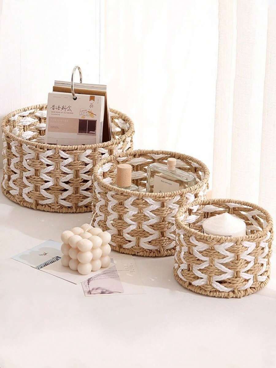 1pc Handmade Woven Storage Basket, Desktop Snack Organization Box, Living Room Toy Storage Basket, Key & Small Item Organizer - Round - View 1
