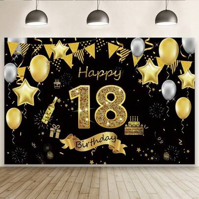 1 st födelsedagsfest bakgrundsdekoration tyg svarta och guldiga ballonger födelsedagsfest bakgrund tygbanderoll 18, 20, 30, 40, 50, 60-årsdagsbanderoll fotobanderoll banderoll, produktstorlek 150 cm/59 tum * 100 cm/39 tum, jul