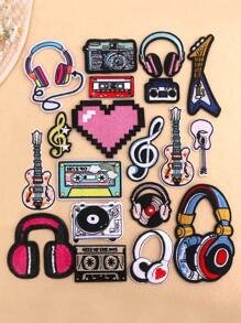 1 pieza/6 piezas/19 piezas/Set Parches bordados con diseño de guitarra, auriculares, notas, lindos parches bordados DIY, usados para planchar, coser y decorar ropa, zapatos, sombreros, bolsos, chaquetas, etc. - Multicolor - Ver 2