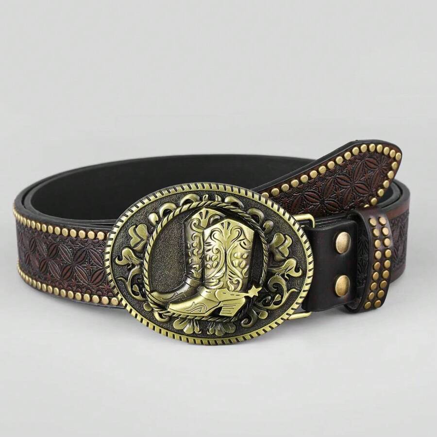 男士西部牛仔腰帶，大扣環設計 - 卡其色 - 查看 1