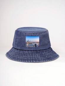 1pc Customized Printed Denim Bucket Hat For Men And Women, Outdoor Travel Accessory - A - View 5