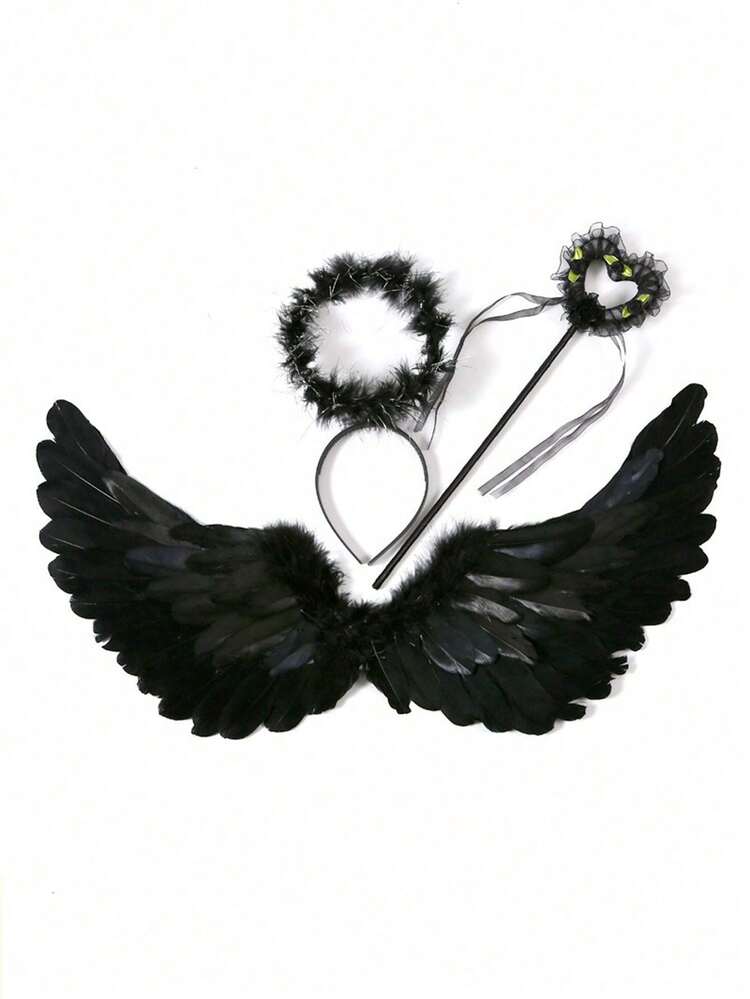 3 件天使翅膀服装装饰，燕子形白色羽毛翅膀，服装派对道具，万圣节服装天使光环舞会 - 黑色 - 查看 2