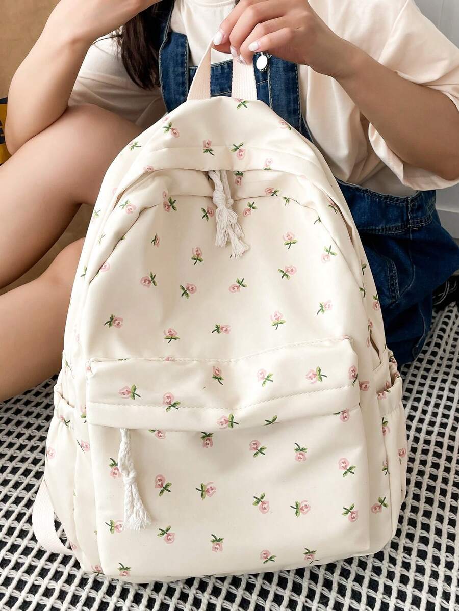 日系ins风清新简约艺术风书包，韩版百搭休闲花美少女学生背包，大容量课堂背包，适合外出、约会、购物、上课、玩耍等场合。