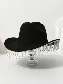 1 件女士纯色帽檐水晶莱茵石流苏水滴装饰西部牛仔优雅复古户外休闲渔夫帽，适合派对、婚礼、伴娘