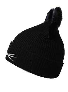 1 件女式猫咪毛线帽钩针编织带耳朵的帽子针织黑猫帽冬季可爱 Y2k 猫耳毛线帽女士成人 S