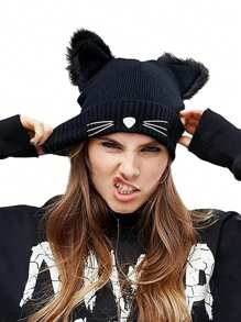 1 件女式猫咪毛线帽钩针编织带耳朵的帽子针织黑猫帽冬季可爱 Y2k 猫耳毛线帽女士成人 S