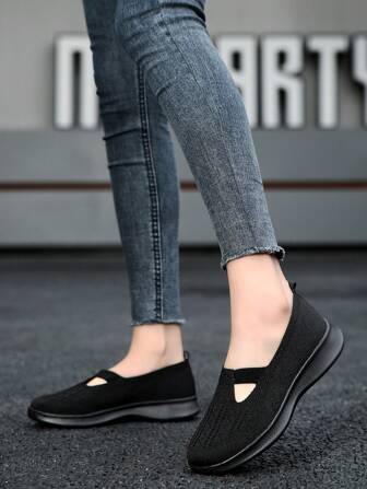 Ademende casual wandelschoenen voor dames, gebreide zachte buitenzool, uitgehold ontwerp, zwart, geschikt voor alle seizoenen