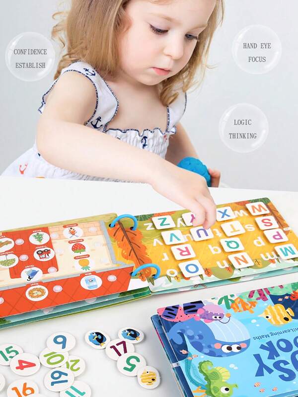 Libro de actividades educativas tempranas sobre el alfabeto, los números, las habilidades cognitivas y los rompecabezas, juguetes educativos para pegar, actividades de aprendizaje preescolar - Juguetes de coordinación de habilidades de ojos y manos - Adecuado para el desarrollo de la conciencia cognitiva de los niños y el desarrollo del cerebro - Libro de pegatinas mágicas de educación temprana y libro de educación temprana para pegar y despegar con las manos