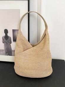 海滩度假用草编条纹大容量手提包 - 卡其色 - 查看 3