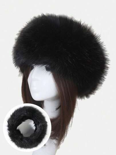 CUCCOO SZL 1pc Women Solid Black Fuzzy Headband, Earwarmer Hairband,Empty Top Winter Fluffy Hat Winter Outfits