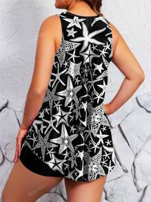 Women Starfish Allover Print Loose Fit Crew Neck Crop Top And High Waist Shorts 2 Pieces Tankini Set, Suitable For Beach Vacation, Plus Size Summer