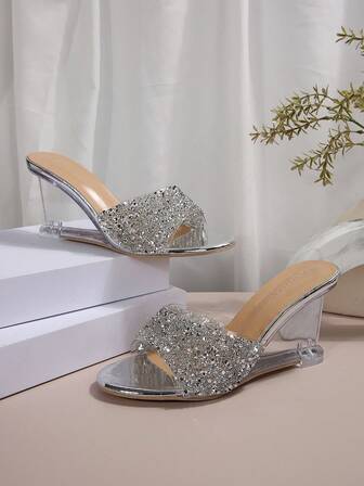 Women's Summer Wedge Sandals, Crystal Clear Heels, Luxury Evening Stilettos, Beautiful Rhinestone & Glitter Decor Wedge Slippers, Fashionable Matching Sandals
