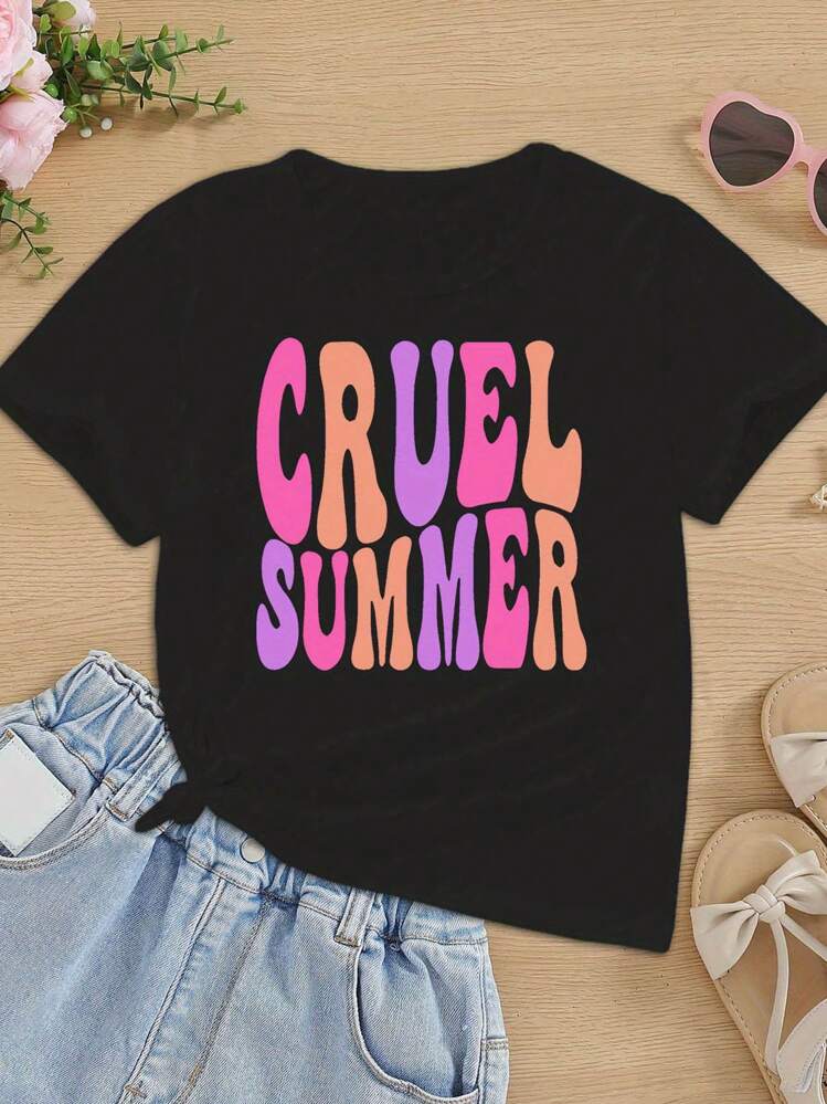 Young Girl Cute Casual Round Neck T Shirt With Slogan Print Summer SHEIN