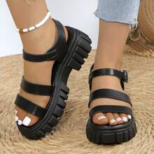 Women's New Round Toe Sandals, Thick Sole Soft Leather Comfortable Non-Slip Casual Versatile Open Toe Plus Size 43 Roman Style Sandals - Black - View 4