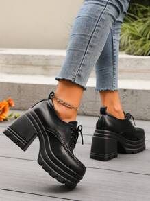 GO WITH Black CorsetNightclub Party Sexy Black Devil Summer & Autumn Waterproof Platform Non-Slip Glossy Leather Solid Round Toe Outdoor Wedge Heel Short Boots For Women - Black - View 5