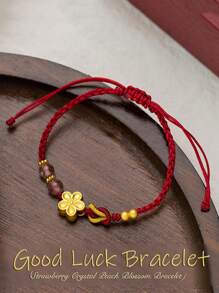 1pc Handmade Red Rope Braided Strawberry Crystal Peach Blossom Lucky Bracelet For Women
