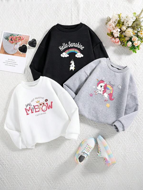 3pcs/Set Tween Girls Cartoon Print Thermal Lined Crew Neck Sweatshirts, Winter