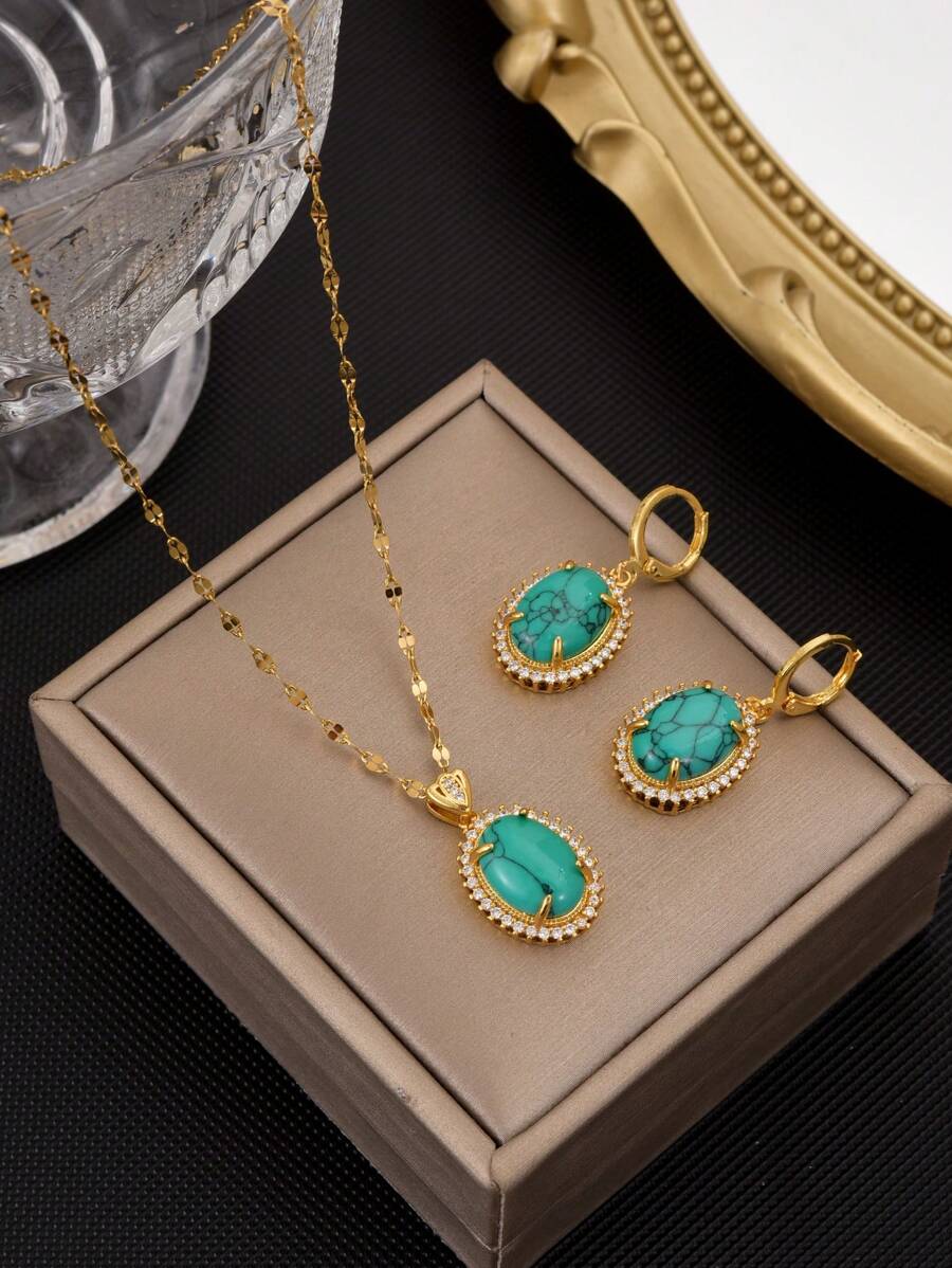1pc Full Rhinestone Stainless Steel Green Turquoise Necklace And 1pair Full Rhinestone Green Turquoise Earrings For Women - Yellow Gold - View 1