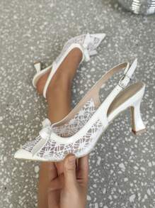 女士尖头细高跟鞋，白色蝴蝶结装饰蕾丝网眼时尚派对高跟鞋 - 白色 - 查看 3