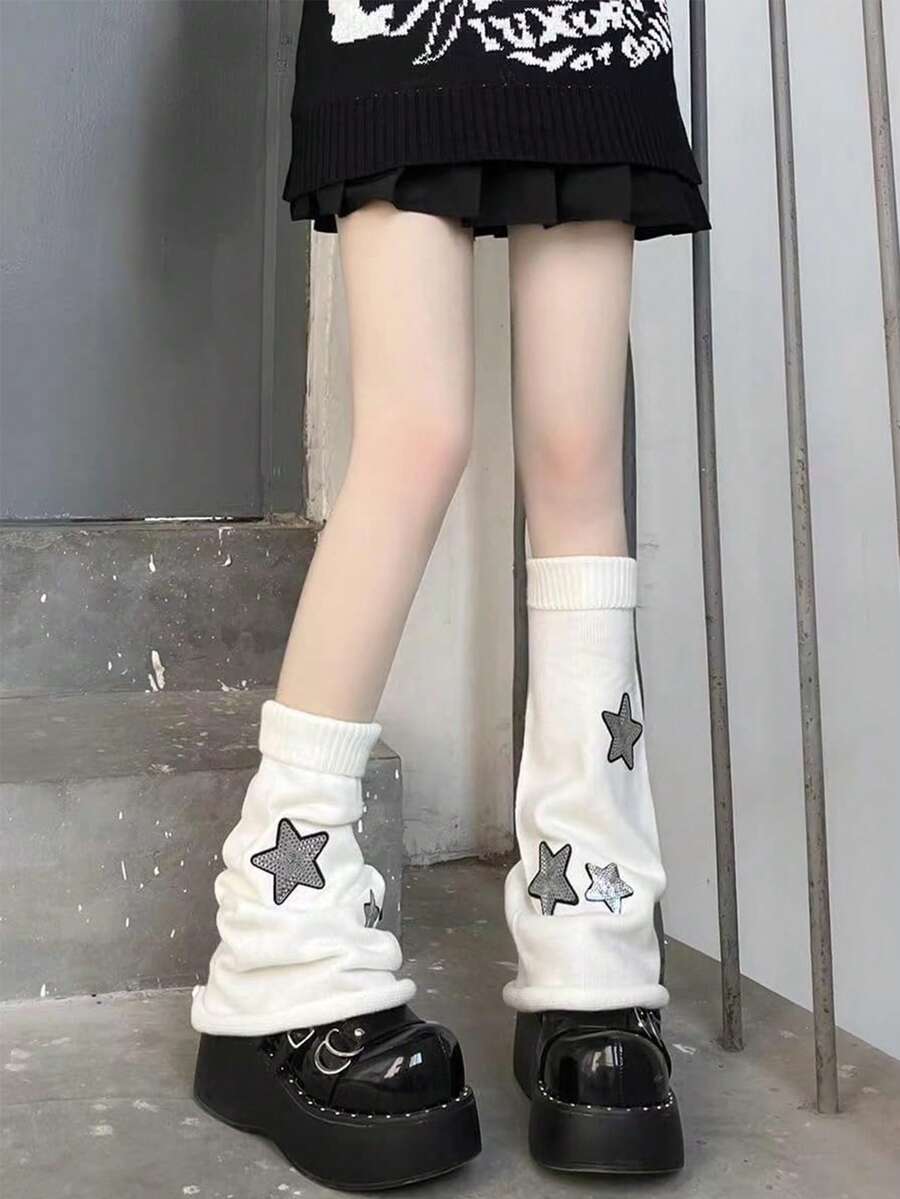 Y2K Star Leg Warmers For Women Dark Academia Lolita Leg Warmers Harajuku Long Socks Emo Punk Thigh High Knit Socks - White - View 1