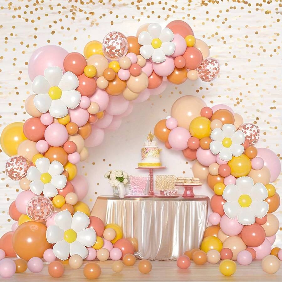 Set de 100 piezas que incluye: Globos con flores de margarita en estilo bohemio en colores blanco, rosa, nude y arena; guirnalda de globos; y decoración retro para fiesta de cumpleaños, Navidad u otras celebraciones - 1 - Ver 1