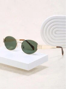 1 pieza Gafas de moda con marco ovalado vintage personalizadas para mujer y hombre, marco metálico redondo unisex, adecuadas para uso diario, sombreado para vacaciones de verano en la playa, al aire libre, viajes - Pieza negra y gris enmarcada en oro. - Ver 5