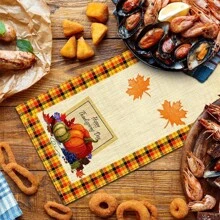 Mantel de lino sintético, camino de mesa de Acción de Gracias, decoración de cocina y restaurante con calabaza a cuadros, hoja de arce y pavo, toalla de vestir de mesa vintage de cosecha otoñal, decoración navideña, decoración de escena, artículos de fiesta