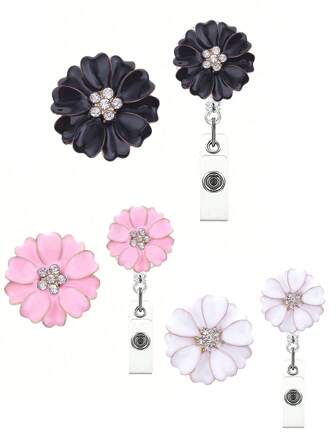 1 Piece Alloy Camellia Flower With Rhinestones Expandable Badge Reel With Swivel Clip For Nurses, Students, Gifts Back To School
