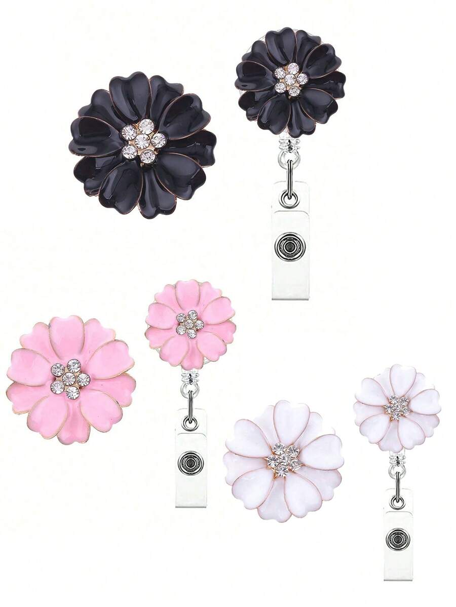 1 Piece Alloy Camellia Flower With Rhinestones Expandable Badge Reel With Swivel Clip For Nurses, Students, Gifts Back To School - Multicolor - View 1