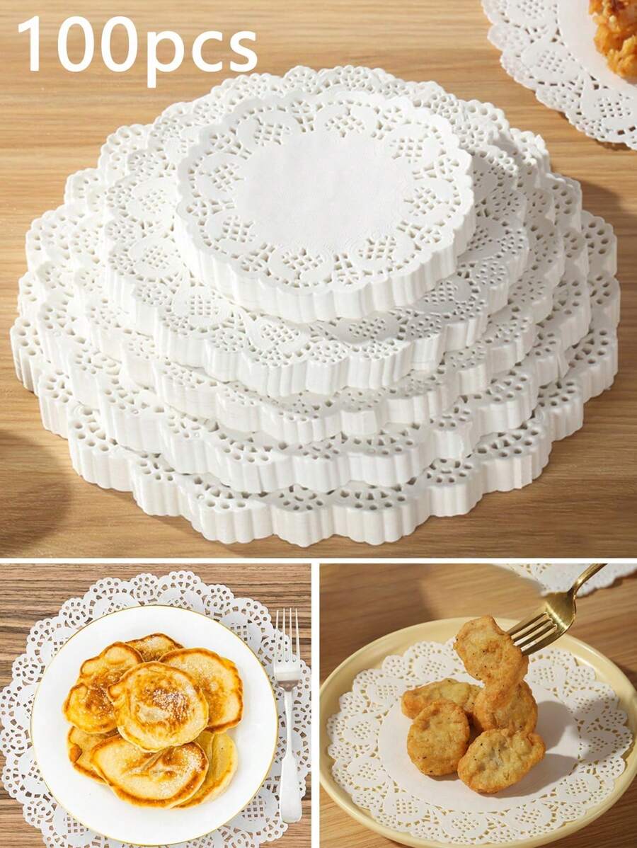 50/100pcs Round White Paper Napkins, Disposable Lace Paper Napkins For Crafts, Tableware Decoration, Party, Wedding, Cake, Desserts, Baking, Grilling, Frying