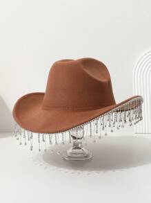 1 件女士纯色帽檐水晶莱茵石流苏水滴装饰西部牛仔优雅复古户外休闲渔夫帽，适合派对、婚礼、伴娘