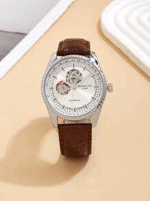 1pc Automatic Mechanical Hollow Dial Leather Strap Watch, Fashion Business Men's Gift
