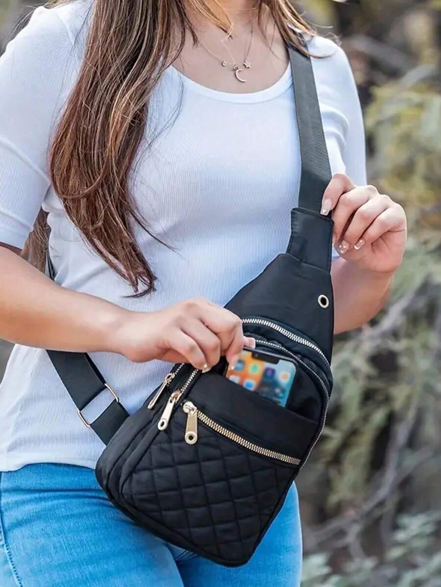 1PC Minimalist Classic Sling Bag, Solid Color Quilted Chest Bag, Women's Zipper Chest Bag,Small Sling Bag For Women Men Casual Crossbody Sling Backpack,Sling Bags Are Suitable For Hiking, Traveling, Walking, Biking, Hunting, Business, Gym, Camping, Beach And Daily Use.A Great Gift Idea For Gentlemen On Their Birthdays,Father's Day, Anniversary Etc - Black - View 1