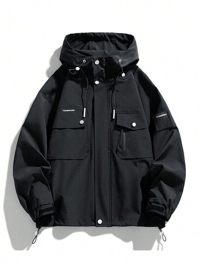 Men's Waterproof Windproof Hooded Jacket, Autumn Outdoor Medium Rain Resistance Loose Coat, Suitable For Hiking, Trekking, Jogging, And Sports