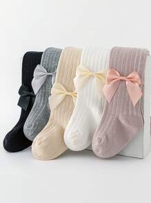 5pcs Baby Girls' Striped Tights With Bow Decoration, Simple Style For Outdoor Activities In Spring And Autumn