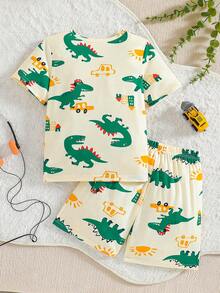Conjunto de camiseta de manga corta y pantalones cortos con estampado de dinosaurios lindo para niños pequeños en verano - Beis - Ver 2