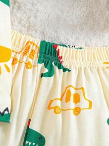 Conjunto de camiseta de manga corta y pantalones cortos con estampado de dinosaurios lindo para niños pequeños en verano - Beis - Ver 5