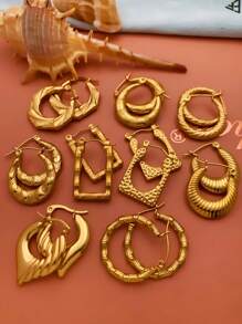 9 Pairs Of Stainless Steel Earrings For Women Large Different Shapes Bamboo Earrings Set Chunky Gold Hoop Earrings Hip Hop Style Fashion Custom Jewelry Party Accessories