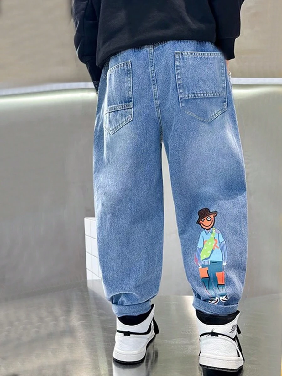 Pantalones vaqueros de niño preadolescente con estampado de dibujos animados - Azul lavado medio - Ver 1