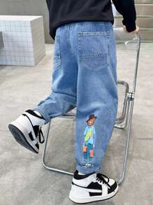 Pantalones vaqueros de niño preadolescente con estampado de dibujos animados - Azul lavado medio - Ver 3