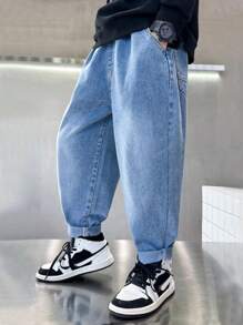 Pantalones vaqueros de niño preadolescente con estampado de dibujos animados - Azul lavado medio - Ver 4