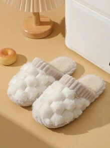 Women Rhombus Pattern Solid Color Slippers For Home, New Arrival Soft Bottom Slippers For Men & Women, Simple Style Fluffy Slides For Bedroom - White - View 2