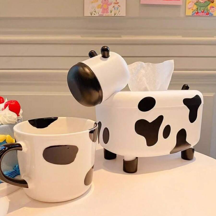 かわいい牛デザイン ティッシュボックスホルダー、磁石式 多機能ペーパータオルホルダー、ホーム/リビング/ダイニングルームに (ステッカー付