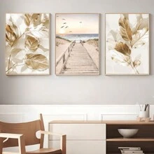 3pcs Sang trọng Vàng Lá cây & Trắng Thiết kế hoa Treo tranh Bộ , Phong cách tối giản tranh sơn dầu In hoa , Hoàn hảo Đối với Phòng khách , Phòng ngủ & Nhà  Đồ trang trí , Đóng khung - Lá và hoa vàng (không khung) - Xem 7