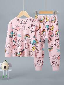 Set de 2 piezas de pijama de niña con top de manga larga y pantalones de algodón, estampado de planeta arcoíris de dibujos animados, ropa de estar en casa gruesa - Rosa - Ver 2